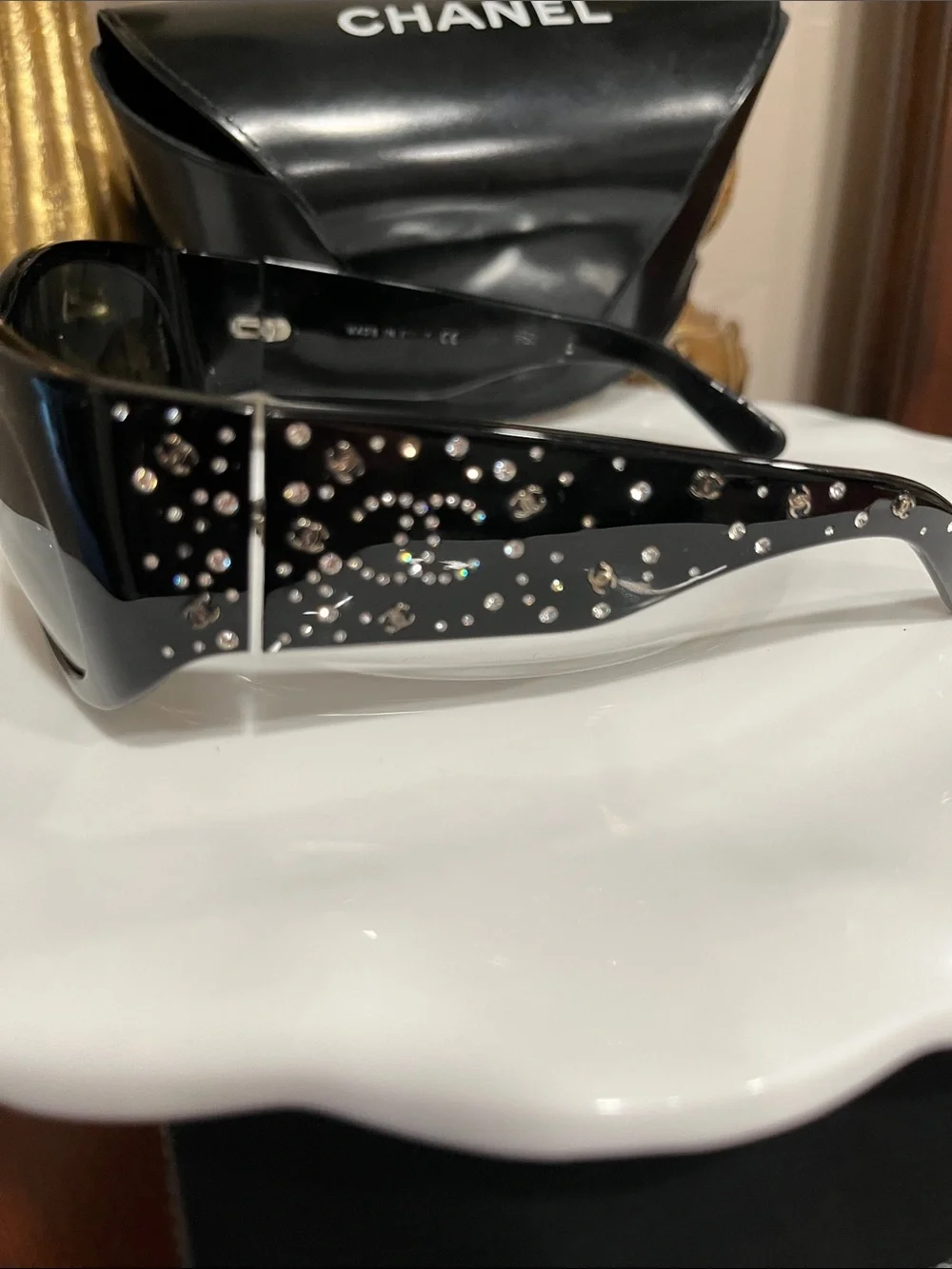 CHANEL Black Frame Sunglasses with Gray Lenses and Case